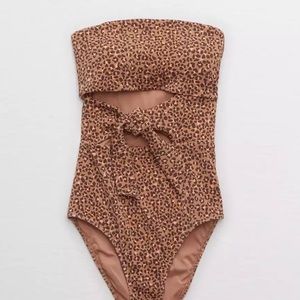 Aerie Leopard Wrap Bandeau One Piece Swimsuit